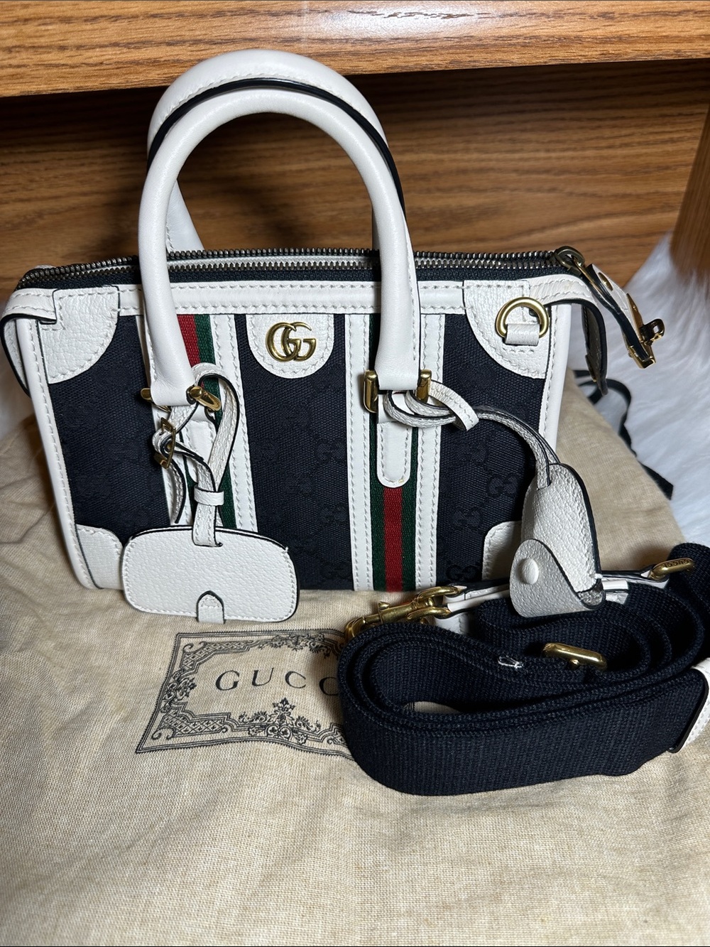 Gucci Black and White Ophidia Mini Satchel with Web Stripe